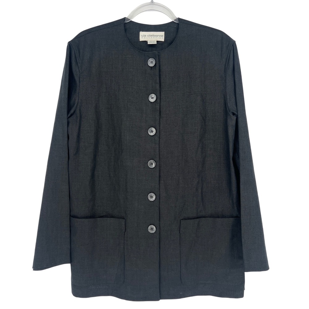 Liz Claiborne Collection Linen Jacket Women 10 Black Button Front Blazer Vintage